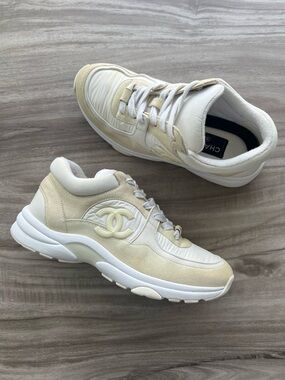 $1,350 Chanel CC Logo Sneaker Cream Suede Size 7 Women’s (EU 37)